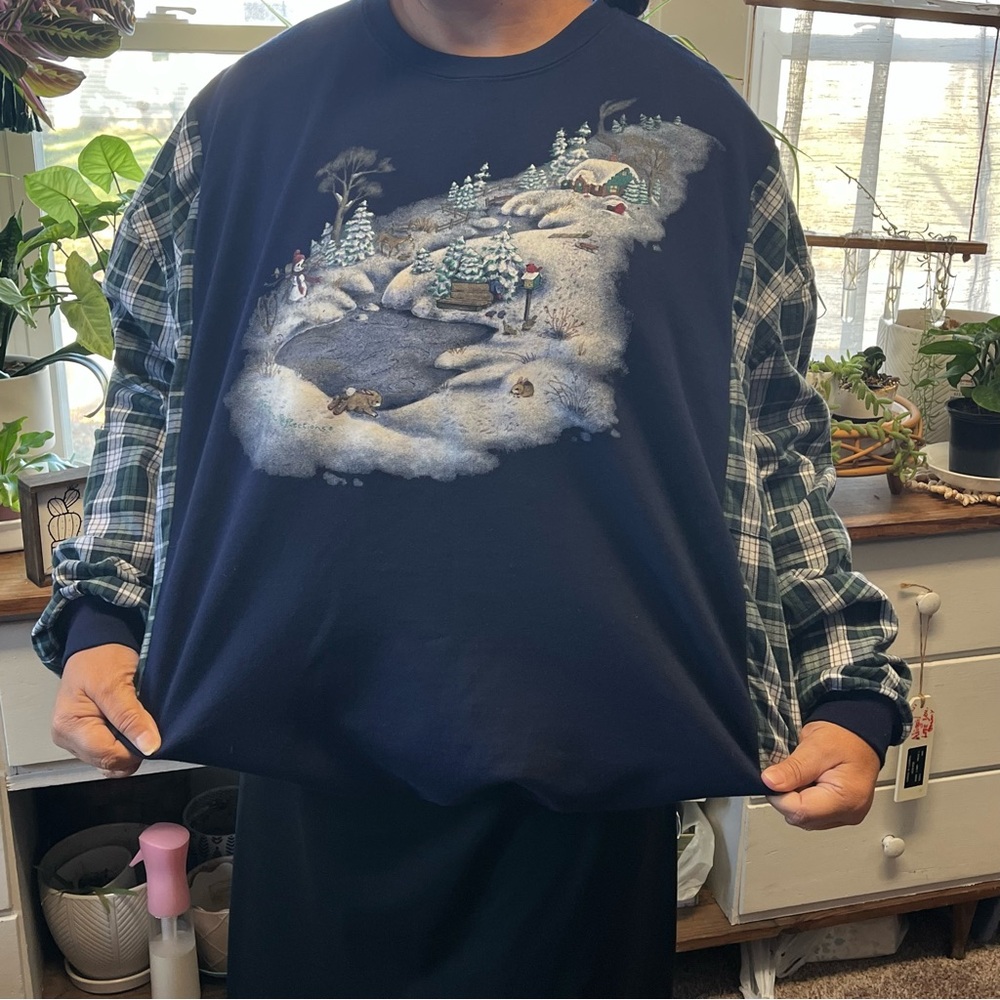 Upcycled Blue Vintage Christmas flannel sweatshirt size Large/ XL handmade